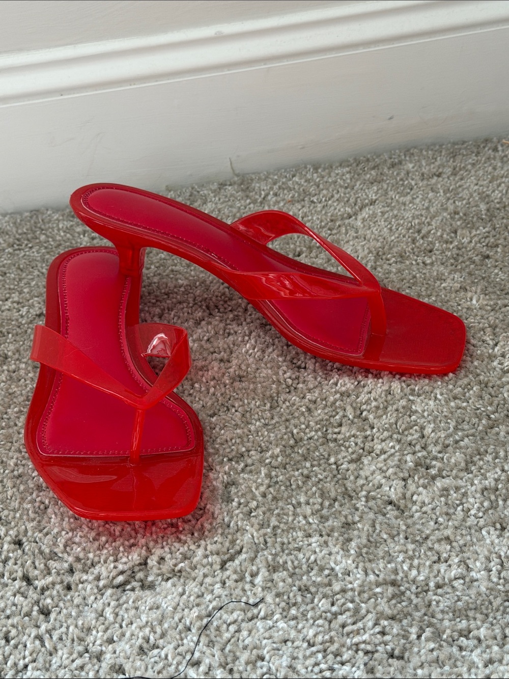 Red Patent Square-Toe Heeled Thong Sandals